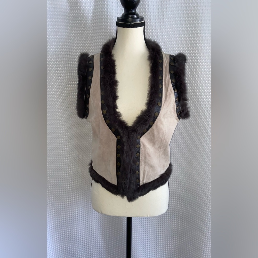 MARCIANO genuine rabbit fur Trim Studded suede Leather Vest sz‎ medium